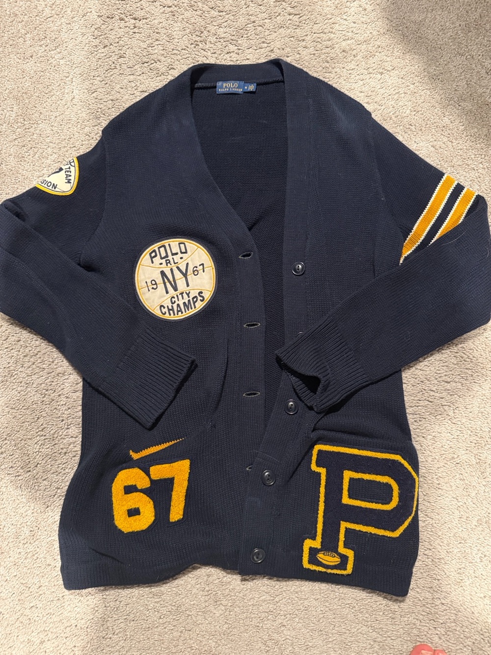 Vintage Polo by Ralph Lauren Navy Cardigan with Gold Appliqués and Stripes